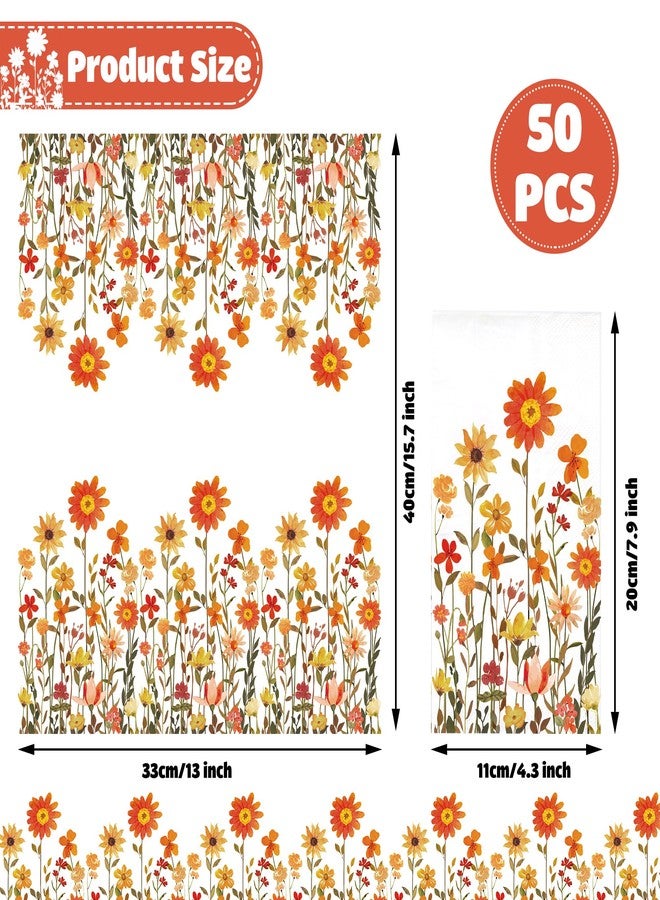 Maniaacer 50 Pcs Fall Floral Guest Napkins Disposable Autumn Paper Hand Towels 3 Ply Thanksgiving Watercolor Wildflower Dinner Napkins for Harvest Wedding Birthday Flower Themed Party Supplies, 4.3 x 7.9 Inch - Image 2